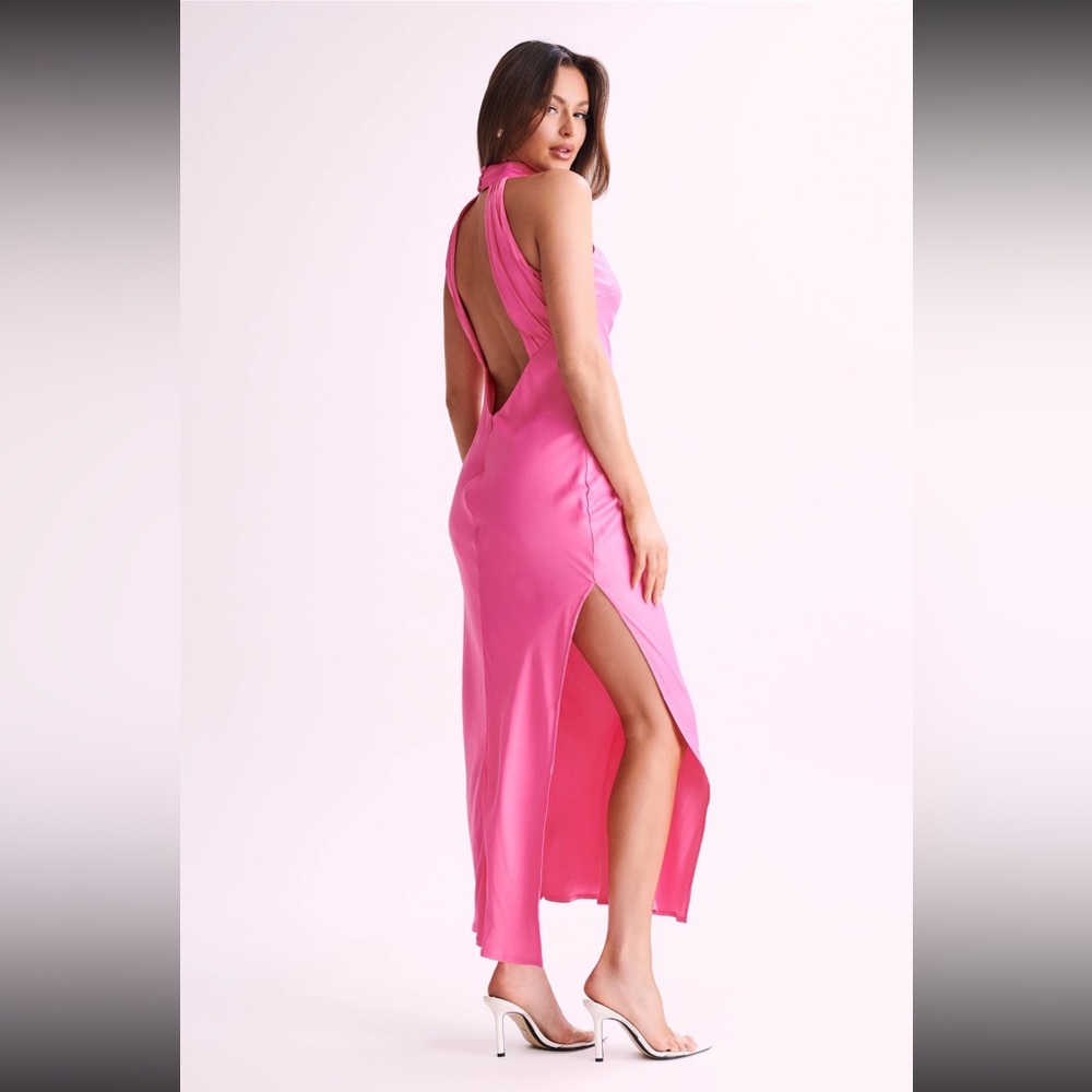 Meshki Satin Drape Back Maxi Dress with Slit